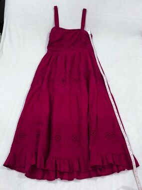 Boho Pink Eyelet Embroidered Tiered Midi Dress L